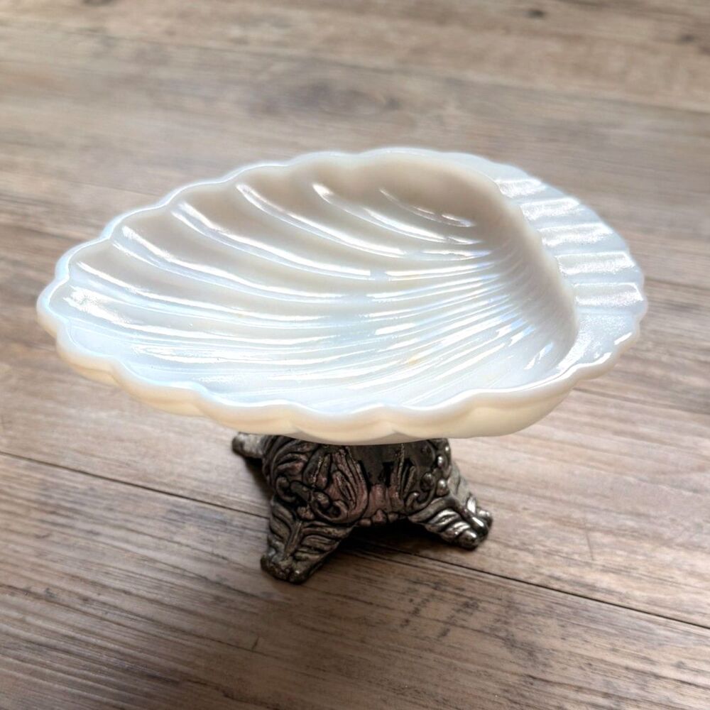 Vintage Milk Glass Shell Dish Pedestal Soap Dish Coastal Cottage Jewelry Trinket